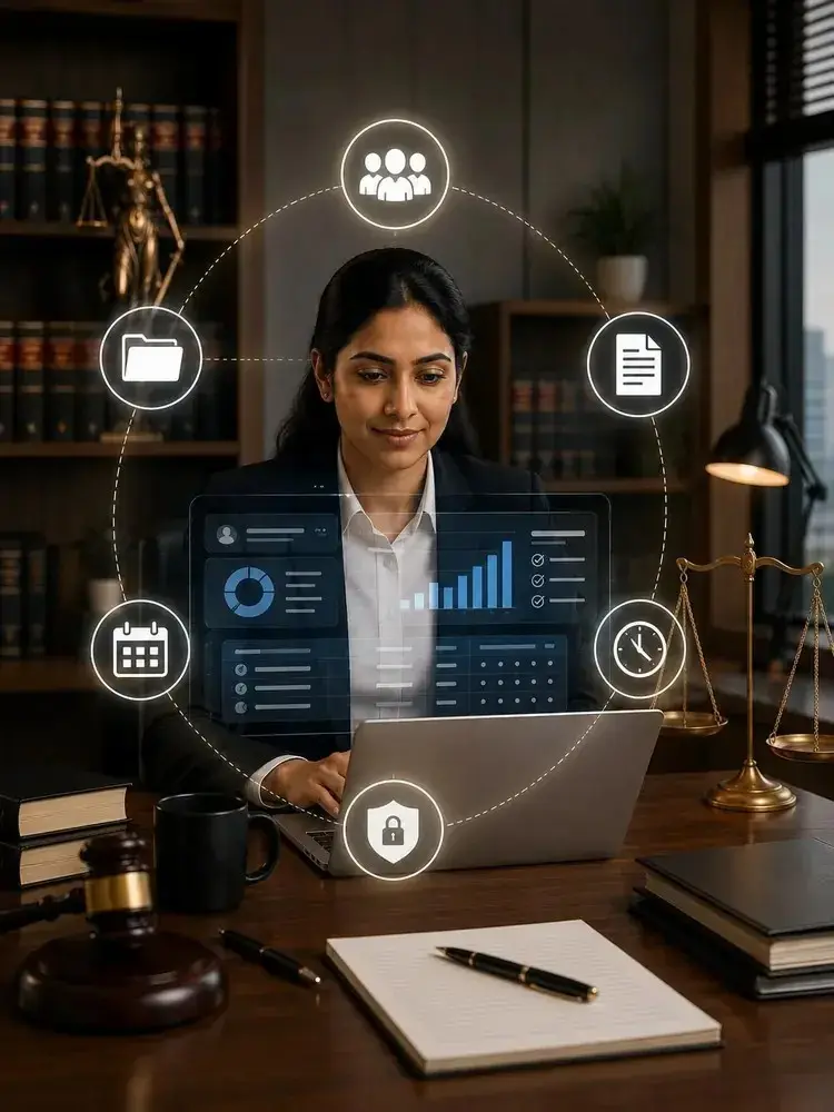 Advocate managing case files and matters on a laptop