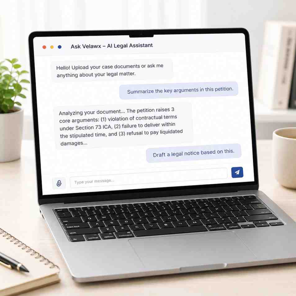 Laptop displaying the Ask Velawx AI legal assistant chat interface, summarizing a petition and drafting a legal notice
