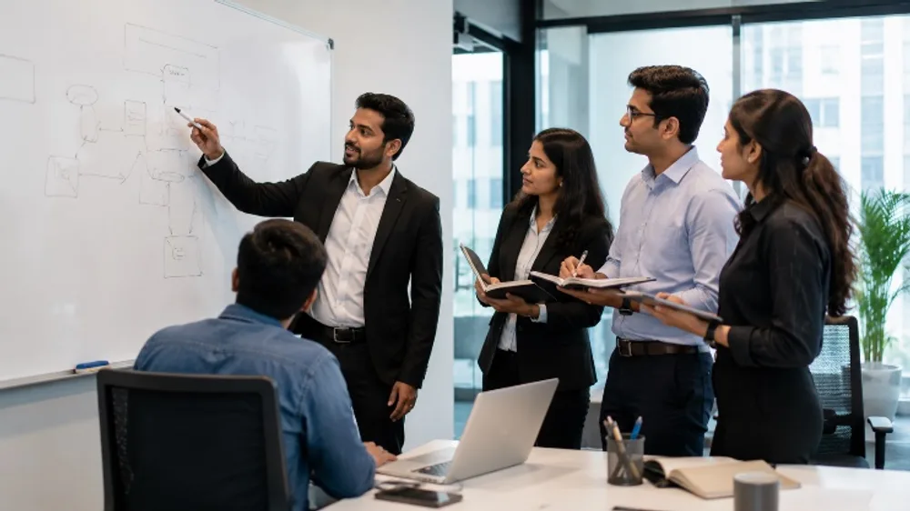 Legal team collaborating on a strategy session at a whiteboard