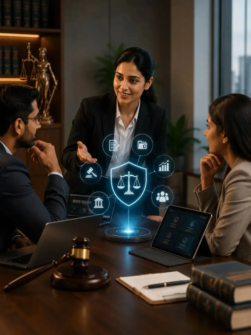 Indian legal team collaborating around a laptop in a modern office