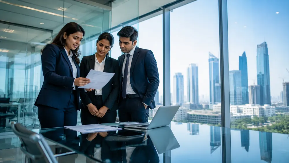 Corporate legal team reviewing a document in a glass boardroom with a city skyline view