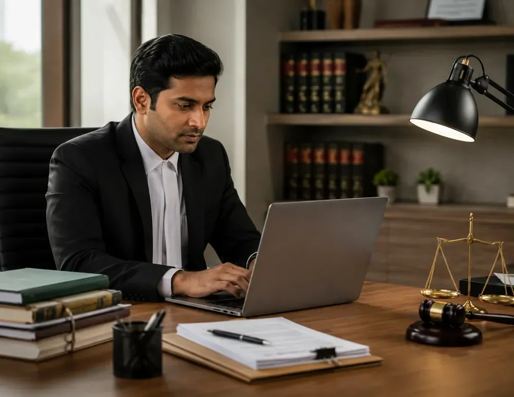 Independent Indian advocate working confidently at her desk