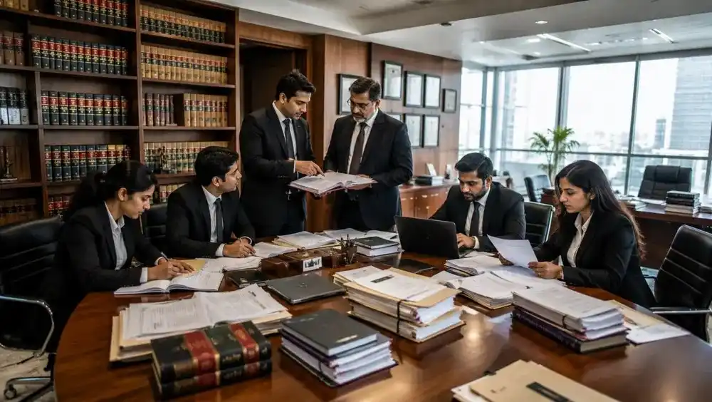Indian law firm team of senior and junior lawyers reviewing case files in a wood-paneled office