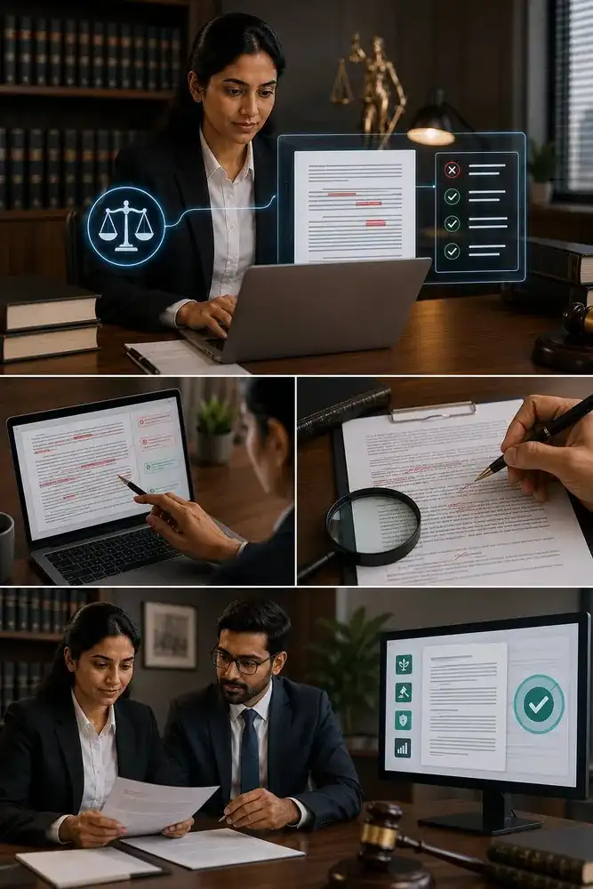 Law firm team reviewing draft consistency across matters