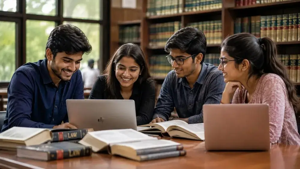 Indian law students studying together with laptops and law books in a library