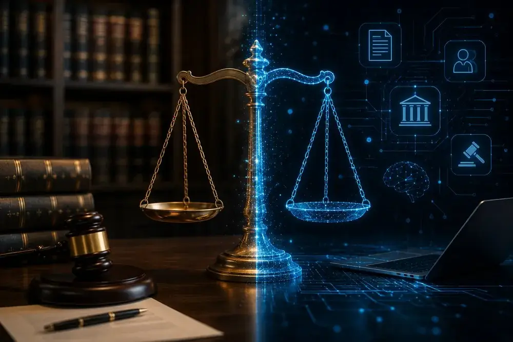 Legal professional drafting on a laptop representing technology in law