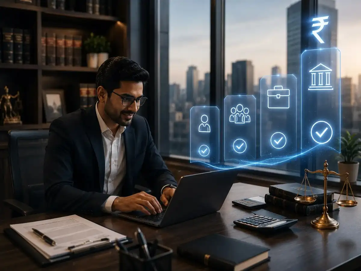 Indian legal team collaborating around a laptop in a modern office