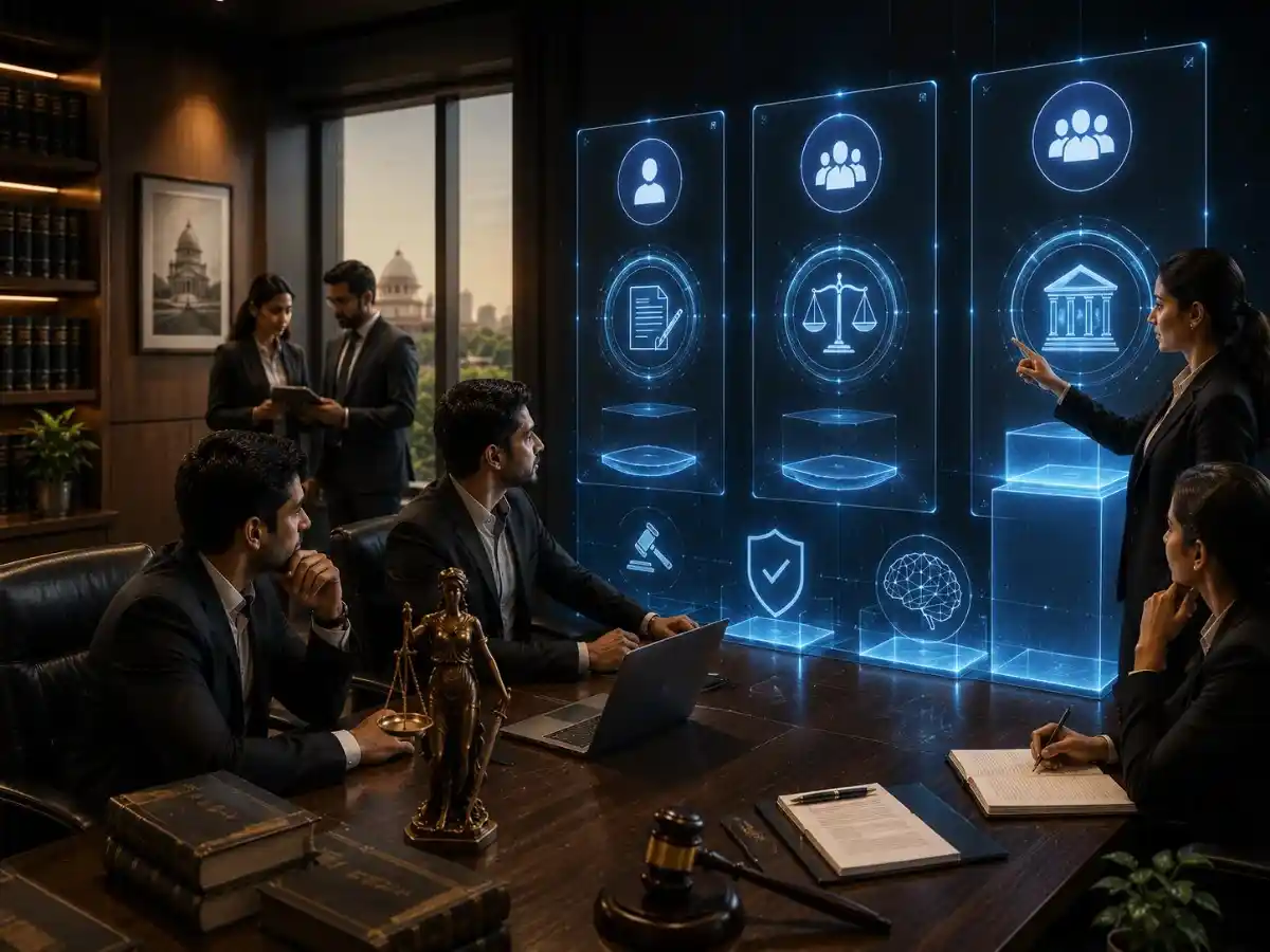 Indian legal team reviewing case files and documents in a law office
