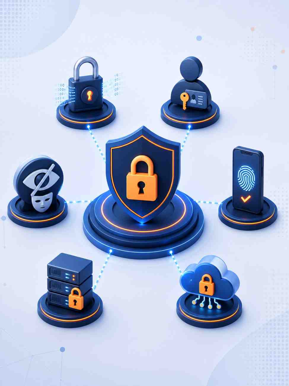 Central security shield connected to icons for encryption, access control, MFA, cloud storage, encrypted storage, and privacy