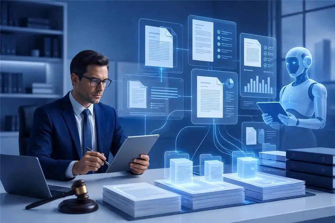 Lawyer reviewing AI-generated legal drafts beside a holographic document assistant
