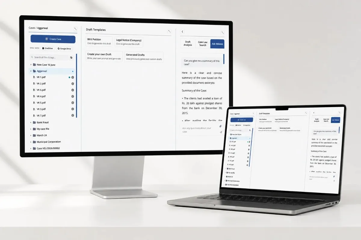 Velawx four-step process: Create a Case, Upload Documents, AI Analyzes and Drafts, Review and Download