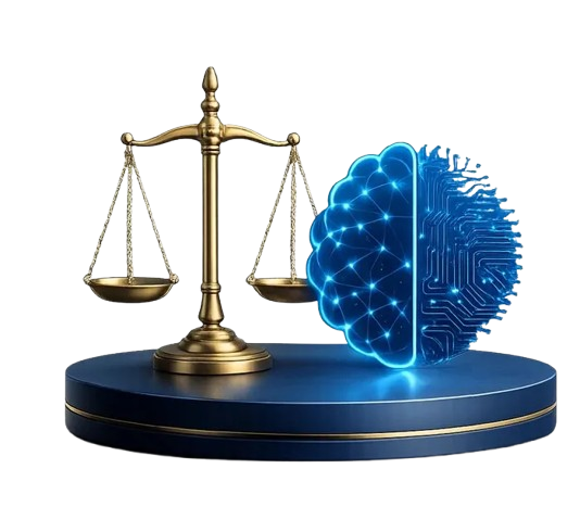 Scales of justice beside a glowing AI brain icon, representing Velawx's legal AI platform