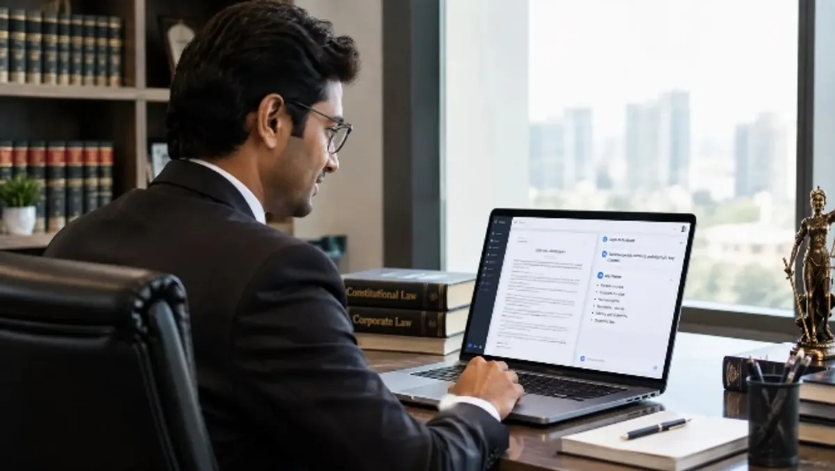 Lawyer reviewing case files and drafting on a laptop at his office desk
